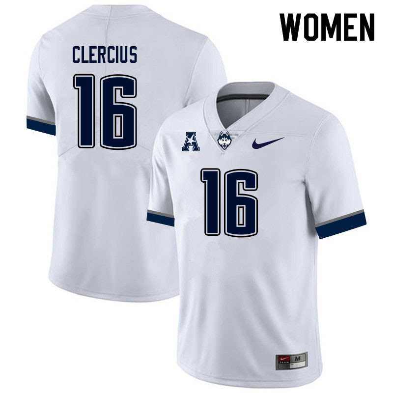 Women #16 Kevens Clercius Uconn Huskies College Football Jerseys Sale-White - Click Image to Close